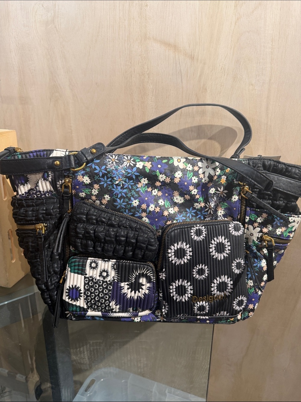 Desigual Black and Blue Floral Patchwork Shoulder Bag